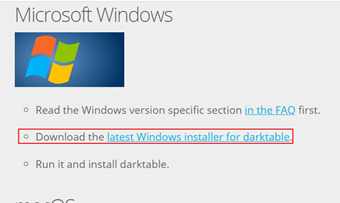 [latest Windows installer for darktable]をクリック