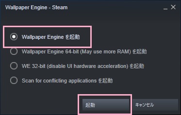 「Wallpaper Engineを起動」を選択して「起動」をクリック