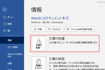 [情報]をクリックし、[文書の保護]を選択