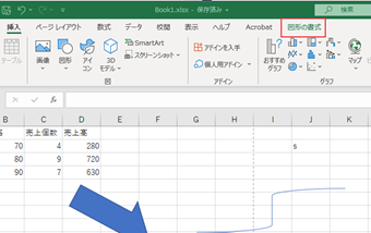 テキスト挿入したい矢印をクリックして選択状態にしておき、ツールバーの[図形の書式]をクリック