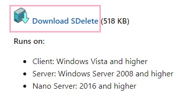 Microsoft Docsにアクセスして、SDeleteをダウンロード