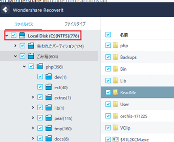 ファイルツリー一番上にあるドライブにチェックを入れて復元