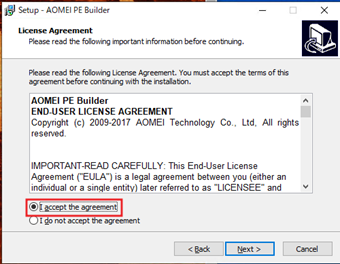 [I accept the agreement]を選択して、[Next]をクリック