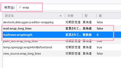 about:configウィンドウに「wrap」と入力→「mail.wrap_long_lines」の値をダブルクリックして「false」に変更→「mailnews.wraplength」の値をダブルクリックして「0」にする