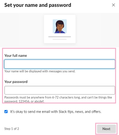 「Set your name and password」画面