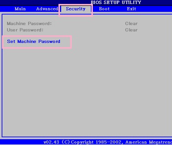 BIOS画面の「Security」タブの「Set Machine Password」を選択