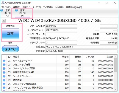 CrystalDiskInfoで外付けHDDをクリックして選択→外付けHDDのSMART情報の表示
