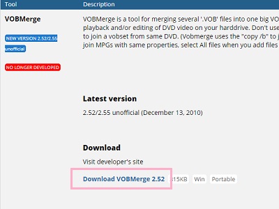 「Download」項目の「Download VOBMerge 2.52」をクリック