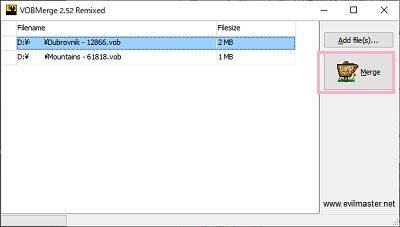 VOBMergeにファイルをドラッグ＆ドロップ→「Merge」をクリック