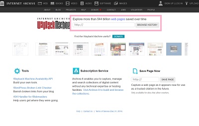 Internet Archiveの「WayBack Machine」にURLを入力して「BROWSE HISTORY」をクリック