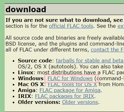 flac公式サイトの「FLAC for Windows」をクリック