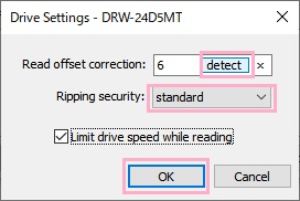 「Read offset correction」項目の「detect」をクリック→「Ripping security」のプルダウンメニューから「standard」を選択して「OK」をクリック