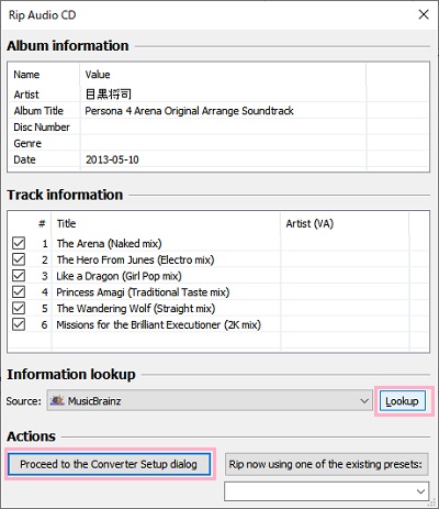 「Information lookup」項目の「Lookup」をクリック→「Proceed to the Converter Setup dialog」をクリック