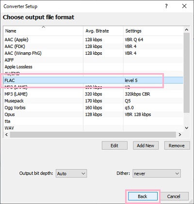 フォーマット形式の一覧から「FLAC」を選択して「Back」をクリック