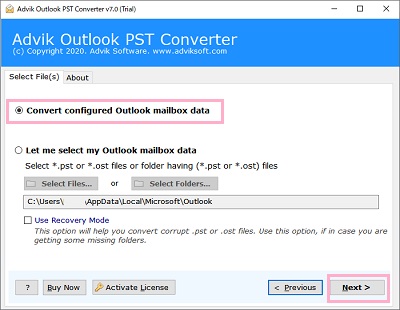 Conver configured Outlook mailbox dataに自分のアカウントのフォルダが表示されていることを確認→Next