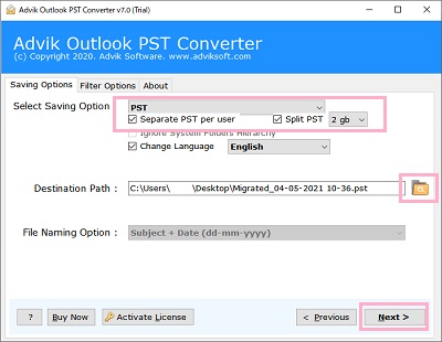 「Saving Options」の「Select Saving Option」のプルダウン→「PST」を選択、「Separate PST par user」のチェックボックスをオン→「Split PST」プルダウンメニューから分割するサイズを選択→ファイルの保存先を指定して「Next」
