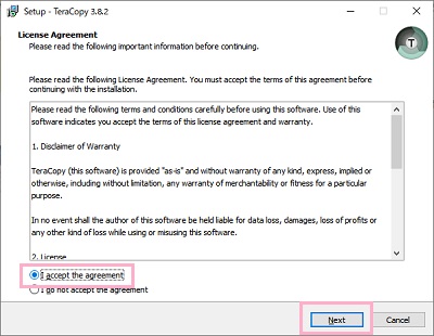 「I accept the agreement」を選択→「Next」をクリック