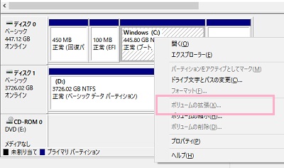 Windowsのシステムドライブ(Cドライブ)を右クリックし「ボリュームの拡張」をクリック