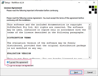 「I accept the agreement」を選択して「Next」をクリック