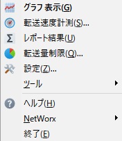 NetWorxのタスクトレイアイコンを右クリックして表示されるメニュー