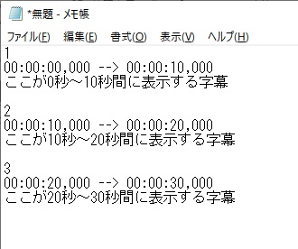「00:00:00,000 --> 00:00:10,000 ここが~に表示する字幕」と入力
