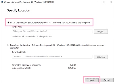 「Install the Windows Software Development Kit」が選択されていることを確認し「Next」をクリック