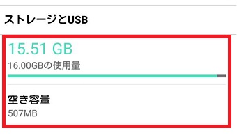 現在のAndroidの使用量と空き容量が確認できる