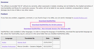 「Download HashMyFiles for 64-bit systems（32bitPCの場合は上のDownload HashMyFiles）」をクリック