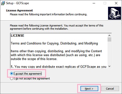 「I accept the agreement」を選択し「Next」をクリック