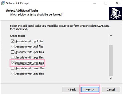 「Associate with .vpk files」のチェックボックスをオン→「Next」をクリック