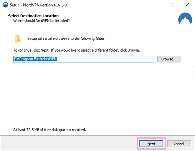 インストール先フォルダを選択し「Next」をクリック