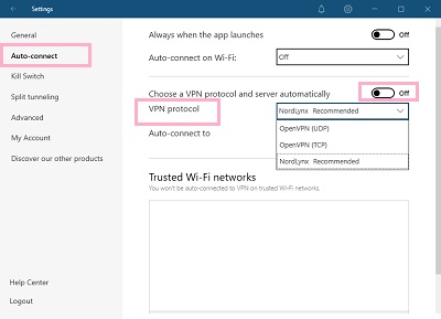 「Auto-connect」→「Choose a VPN protocol and server automatically」をオフ→「VPN protocol」のプルダウンメニューから「OpenVPN(UDP)」・「OpenVPN(TCP)」・「NordLynx」を選択する