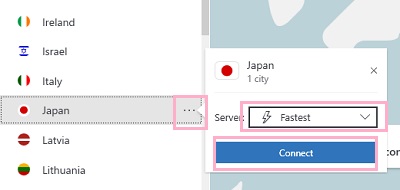 「…」をクリック→「Sever」タブからサーバーを選択し「Connect」をクリック