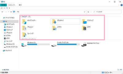 「3Dオブジェクト」・「ダウンロード」・「ドキュメント」・「ピクチャ」・「ビデオ」・「ミュージック」のどれかを右クリック