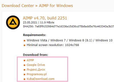 「AIMP」をクリックするか、ミラーサイトからダウンロード