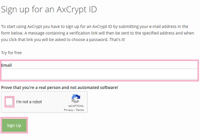 「Email」にメールアドレスを入力→「I'm not a robot」のチェックボックスをクリックして認証が完了したら「Sign Up」をクリック