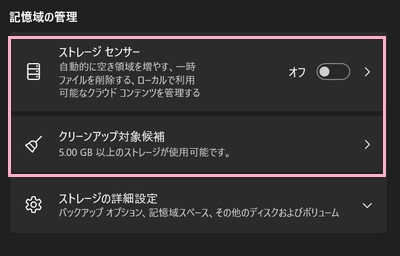「記憶域の管理」項目の「クリーンアップ対象候補」