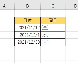 オートフィルを使用して残りのセルにも曜日が入力された