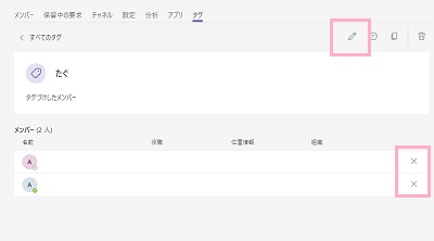 「編集」ボタンをクリックするとメンバーの追加や編集が可能・メンバー名の右側に表示されている×ボタンをクリックするとメンバーを除外できる