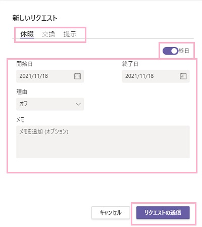 「休暇・交換・提示」からリクエストを選択→開始日・終了日（終日ボタンから終日にすることが可能）・理由・メモを入力し「リクエストの送信」ボタンをクリック