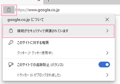 錠前のボタンをクリック→「接続がセキュリティで保護されています」項目をクリック