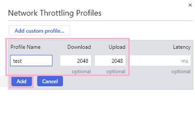 「Profile Name」・「Download」・「Upload」を指定して「Add」をクリック
