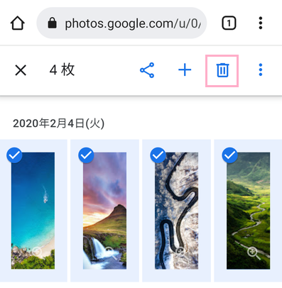 Googleフォトから消す写真・画像をタップして選択しゴミ箱ボタンをタップ