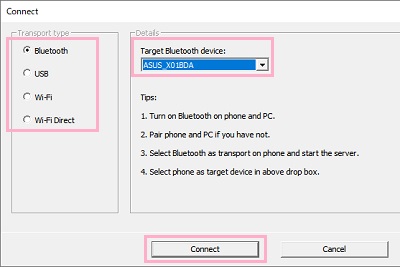 「Connect」では、スマホで設定した接続方法を選択→「Target」プルダウンからスマホ名を選択→「Connect」ボタンをクリック