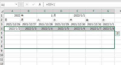A4セルに「=G3+1」・B4セルに「＝A4+1」と入力してB4セルのフィルハンドルを引っ張り2週目の日付も入力