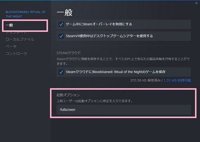 「一般」をクリック→「起動オプション」の入力欄に「-fullscreen」と入力