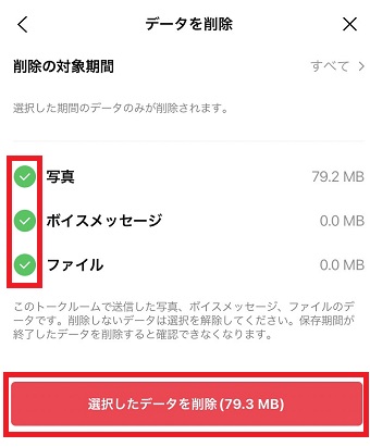 『写真』『ボイスメッセージ』『ファイル』などにチェックを入れて『選択したデータを削除』をタップ