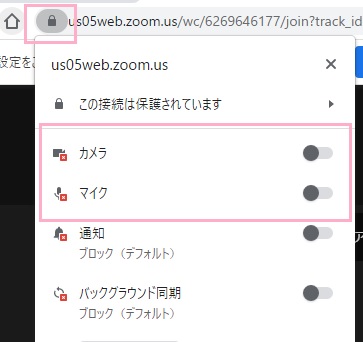 錠前のアイコンをクリック→「カメラ」と「マイク」のボタンを有効にする