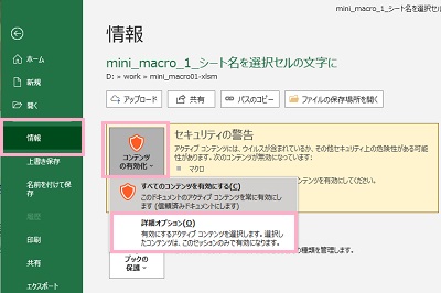 「情報」→「コンテンツの有効化」→「詳細オプション」をクリック