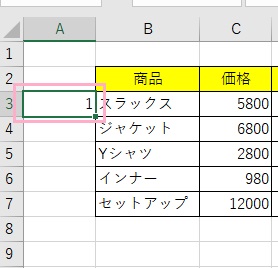 セルの左側に「1」と数字を入力